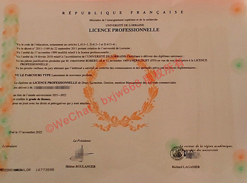 洛林大学毕业证（Université de Lorraine Diplôme）