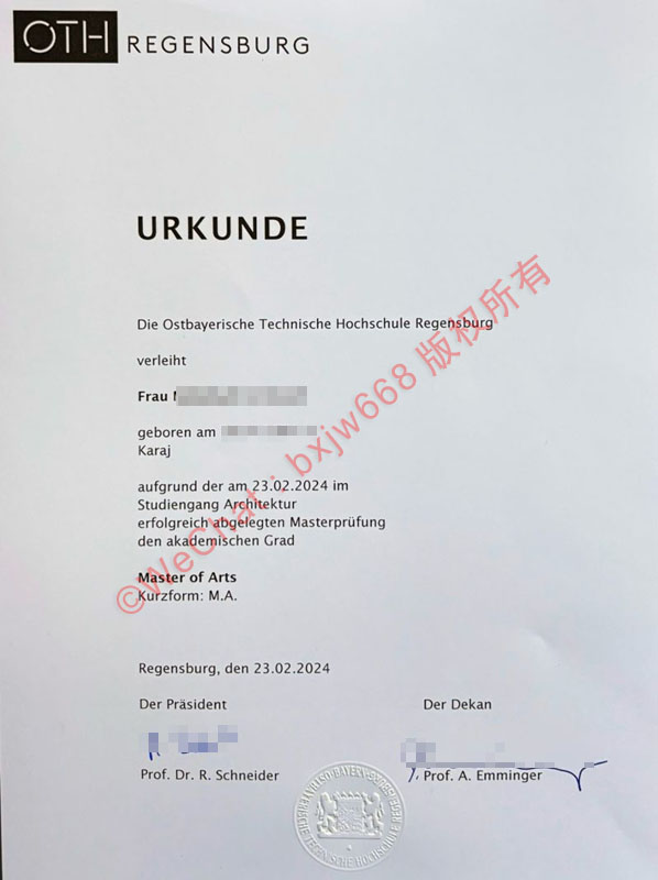 雷根斯堡东巴伐利亚技术大学毕业证(OTH Regensburg diploma)