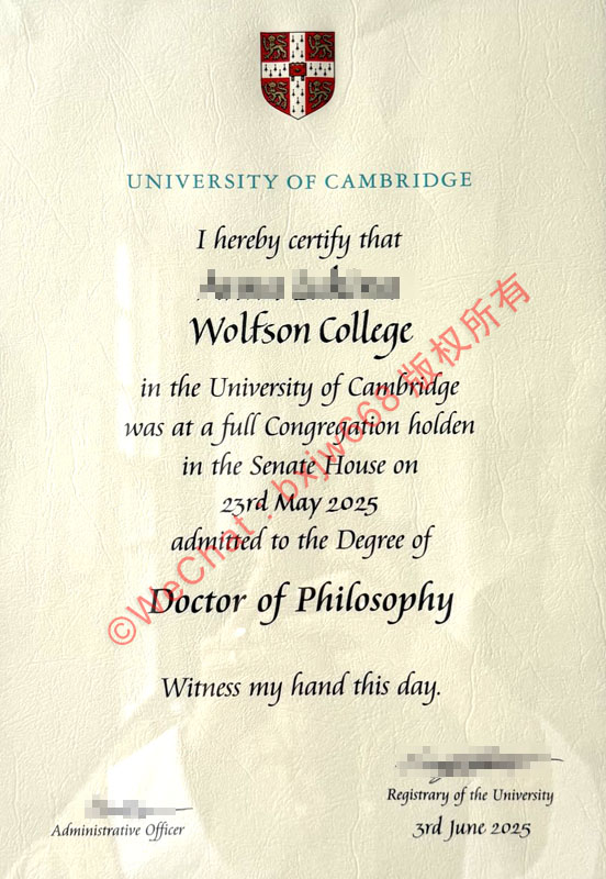 剑桥大学毕业证(University of Cambridge diploma / Doctor of Philosophy)