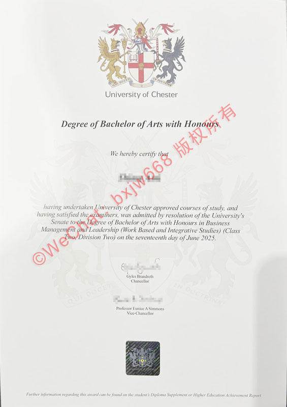 英国切斯特大学文凭样本(University of Chester degree)