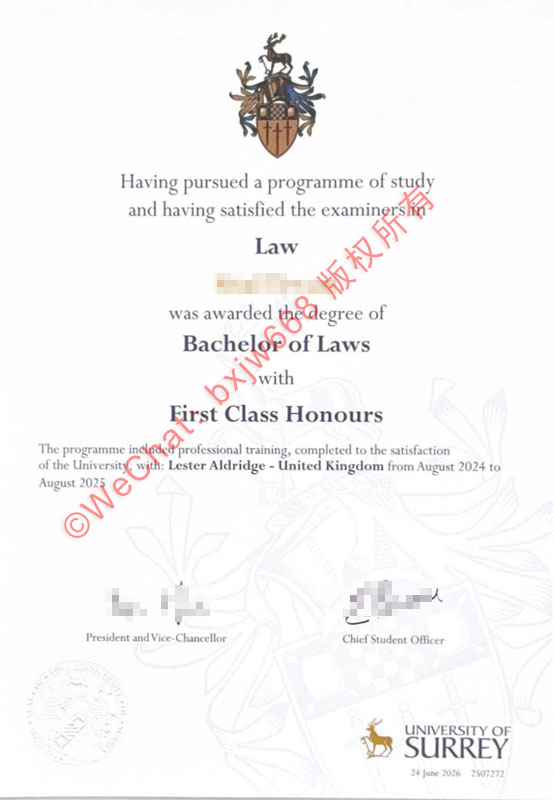 英国萨里大学毕业证样本(University of Surrey degree)