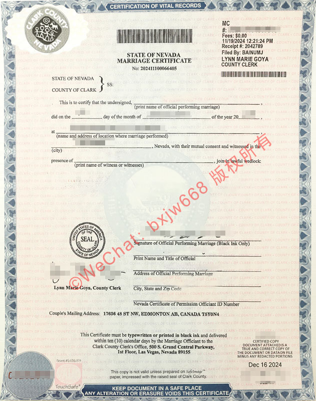 美国拉斯维加斯结婚证书样本(Nevada Marriage Certificate)解析:克拉克县公证与海牙认证回国指南