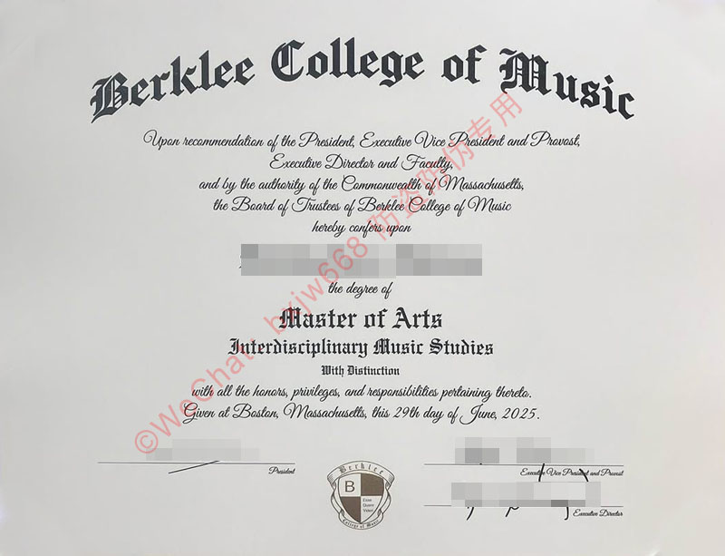 伯克利音乐学院毕业证（Berklee College of Music Diploma / Certificate of Degree）格式展示说明
