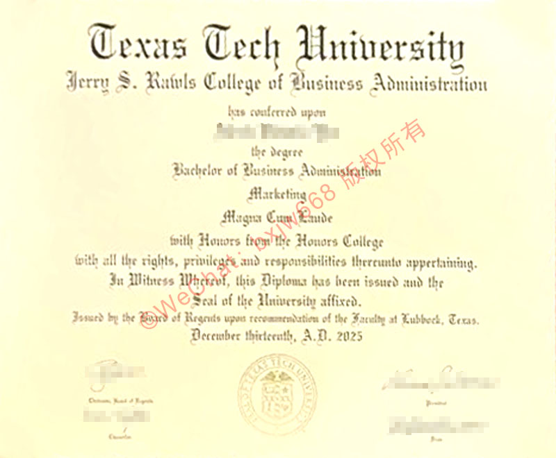 得克萨斯理工大学毕业证(TTU Diploma / Degree Certificate)视觉版式与防伪