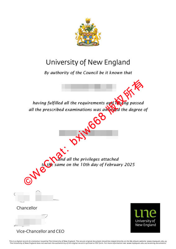新英格兰大学毕业证样本（澳洲une学位文凭证书样式展示）